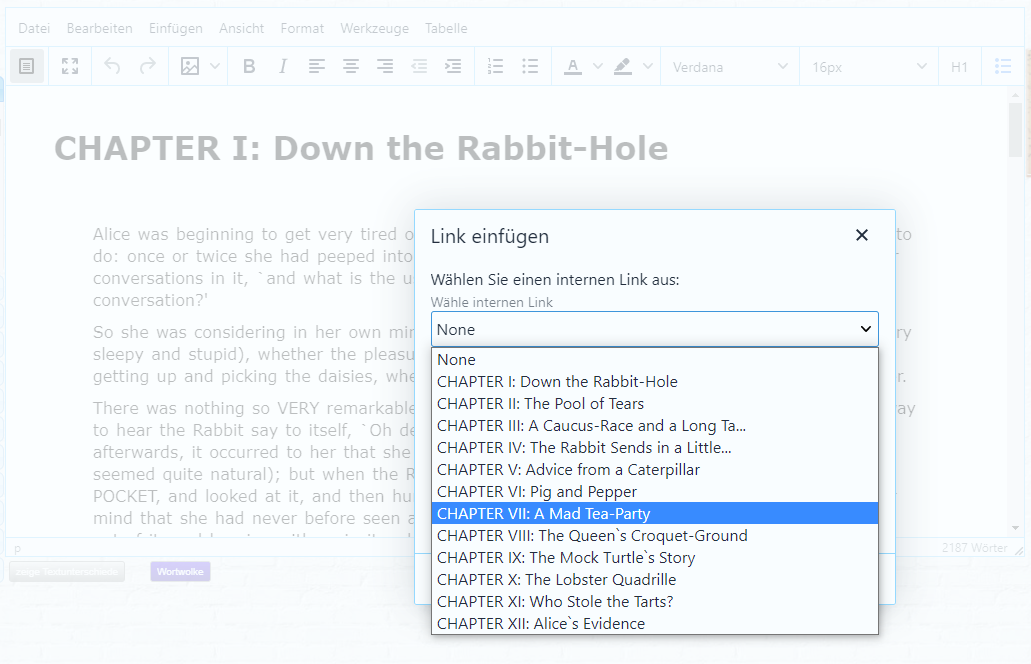 Link setzen im Tab 'Text bearbeiten' im Showcase 'Alice-im-Wunderland', Linkauswahl